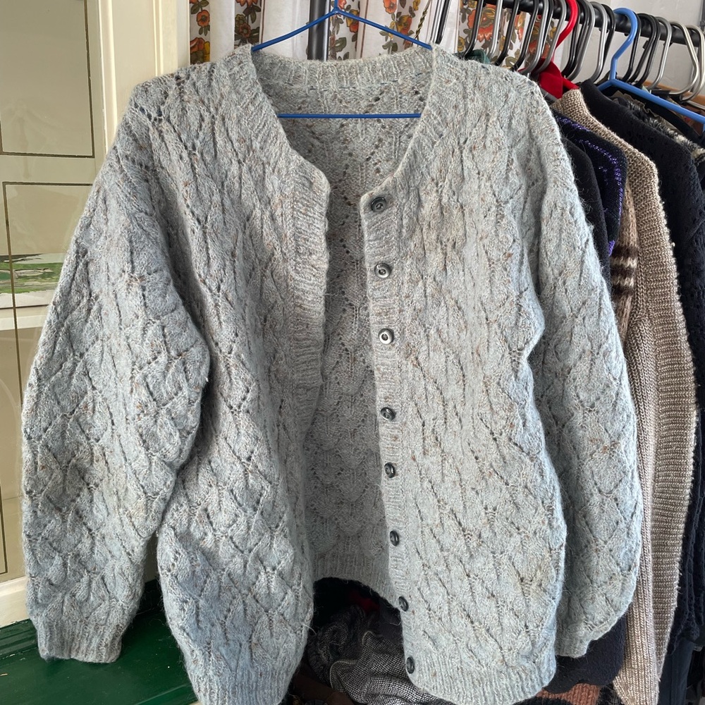 Handmade Blueish Gray Cable Knit Button Cardigan Sweater (real wool)